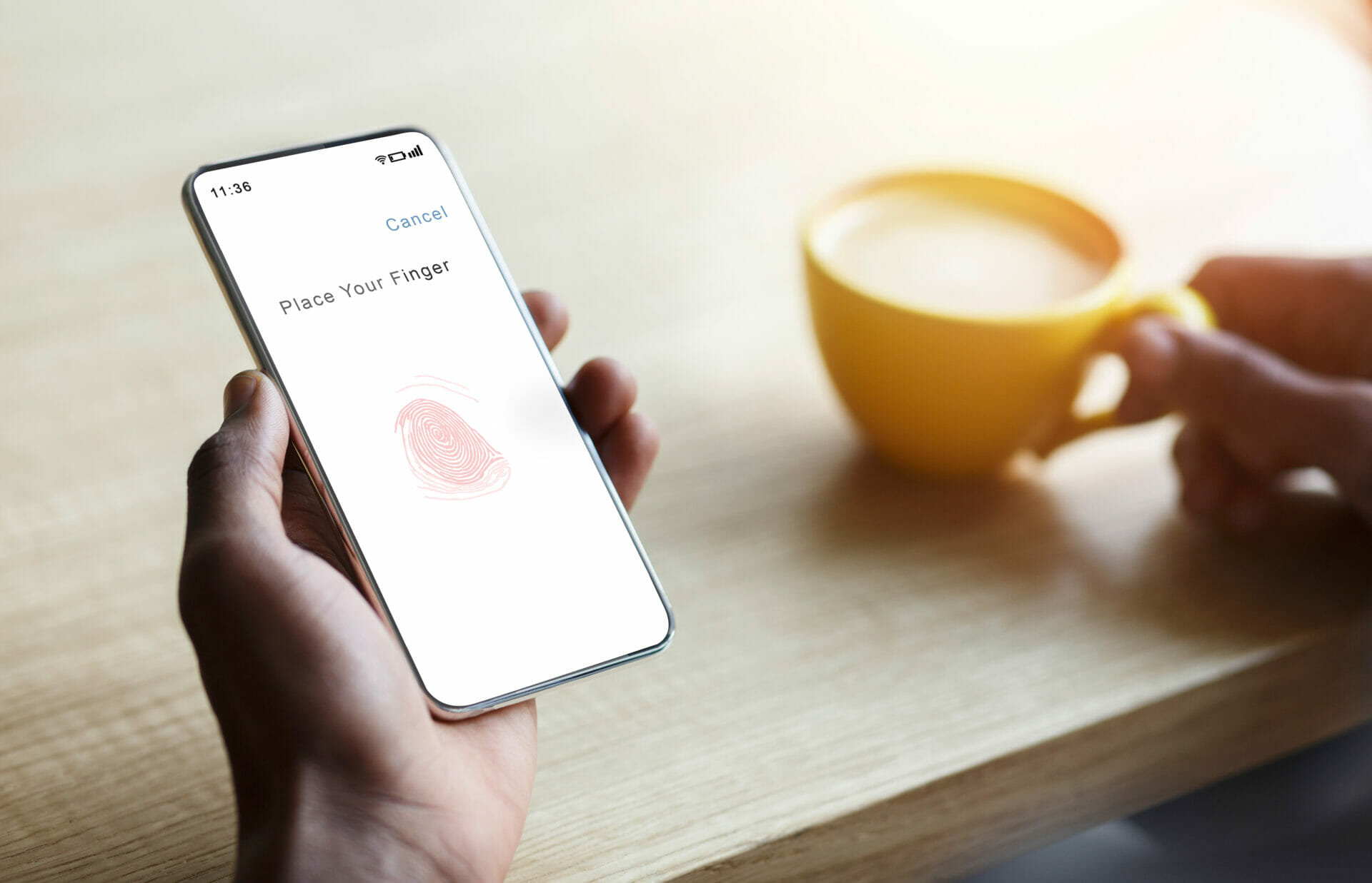 Person Holding Phone With Process Of Scanning With Fingerprint